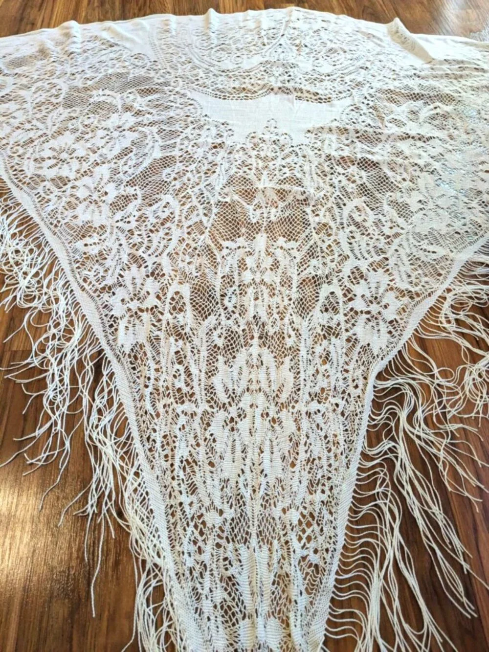 Beachy Layering Ivory Open Knit Silky Lace Scarf Shawl Boho Wrap Long Fringe